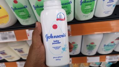 Close up view of Johnson's baby powder packages on the supermarket shelf.