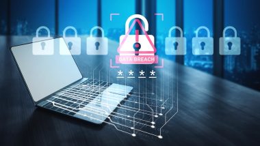 A laptop sits in a modern office, showcasing a digital alert for data breach with lock visuals, emphasizing cybersecurity and the importance of protecting sensitive information
